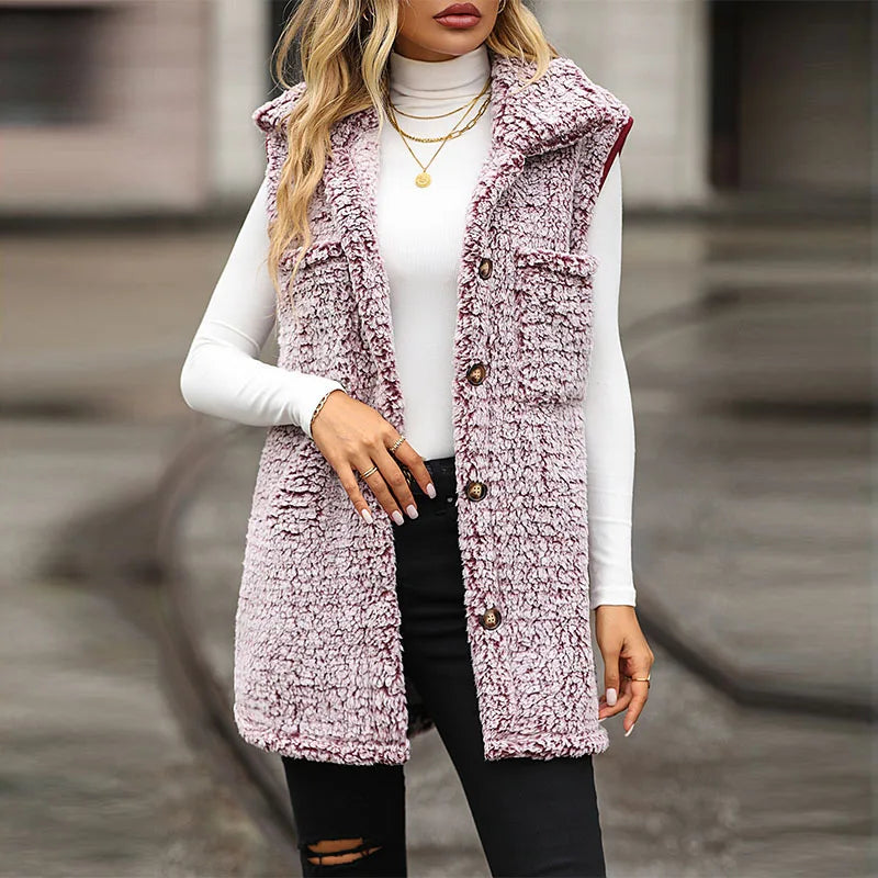 Autumn/Winter New Women's Mid Length Solid Hooded Vest Plush Warm Jacket Coat For Women Clothing
