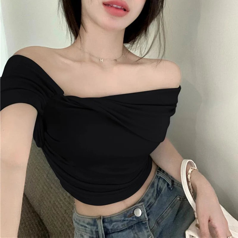 Solid Color One Shoulder Backless Shrink Tank Top T-Shirt Candy Color Tight Sexy Sleeveless Neckless Slim Casaul Top