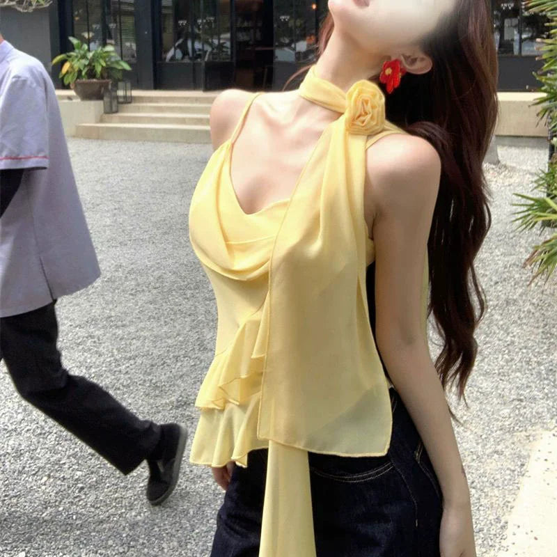 Chic Women Flutter Sleeve Camisole Tops Tiered Ruffled Ribbon 3D Flower Square Neck Crop Tank Tops Y2K Vintage Streetwear
