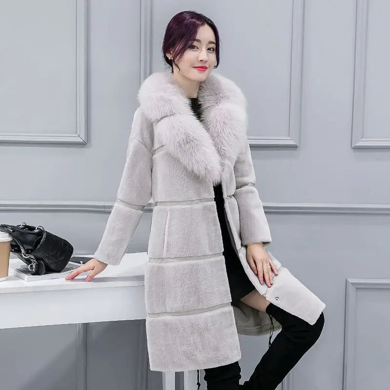 Winter Korean Version Women's New Faux Sheep Shearing Fur Coat Medium Length Faux Fur Collar Coat Office Lady Parkas