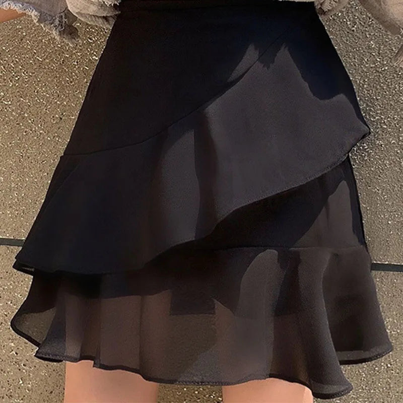Silk Satin Black Women's Skirt Ruffle Flare Skirts For Woman Chiffon Clothes Stylish Offer Aesthetic Hot High Quality Casual Y2k