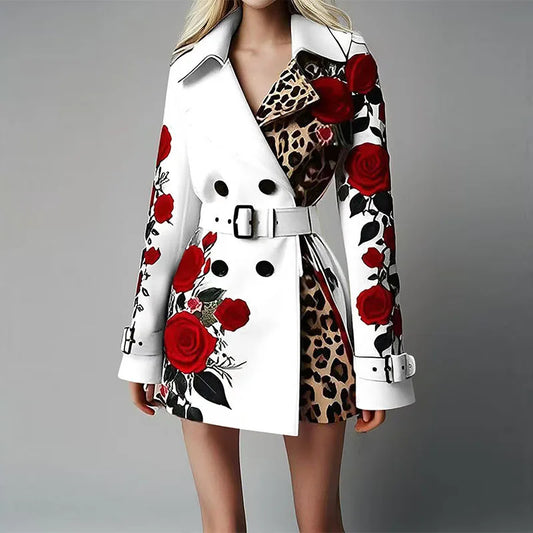 Women Long Sleeve Floral Flower Printed Office Coat Double Button Belt Lapel Collar High Waist Jacket
