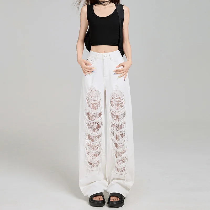 Nicemix American Trendy Lace Patchwork Straight Leg Ripped Jeans for Women Summer White Thin High Waist Loose Casual Pants