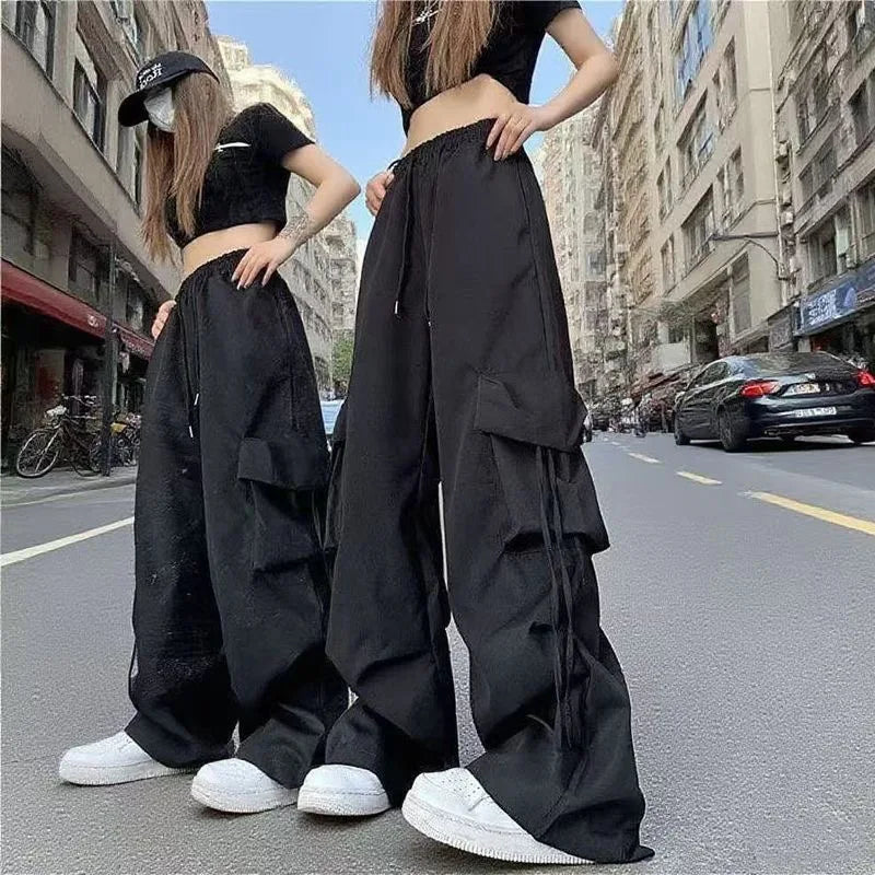 Fashion Y2K Loose Multi Pocket Drawstring Pocket Cargo Pants, Casual Sports Loose Wide Leg Pants For Hiking, Women's Athleisure