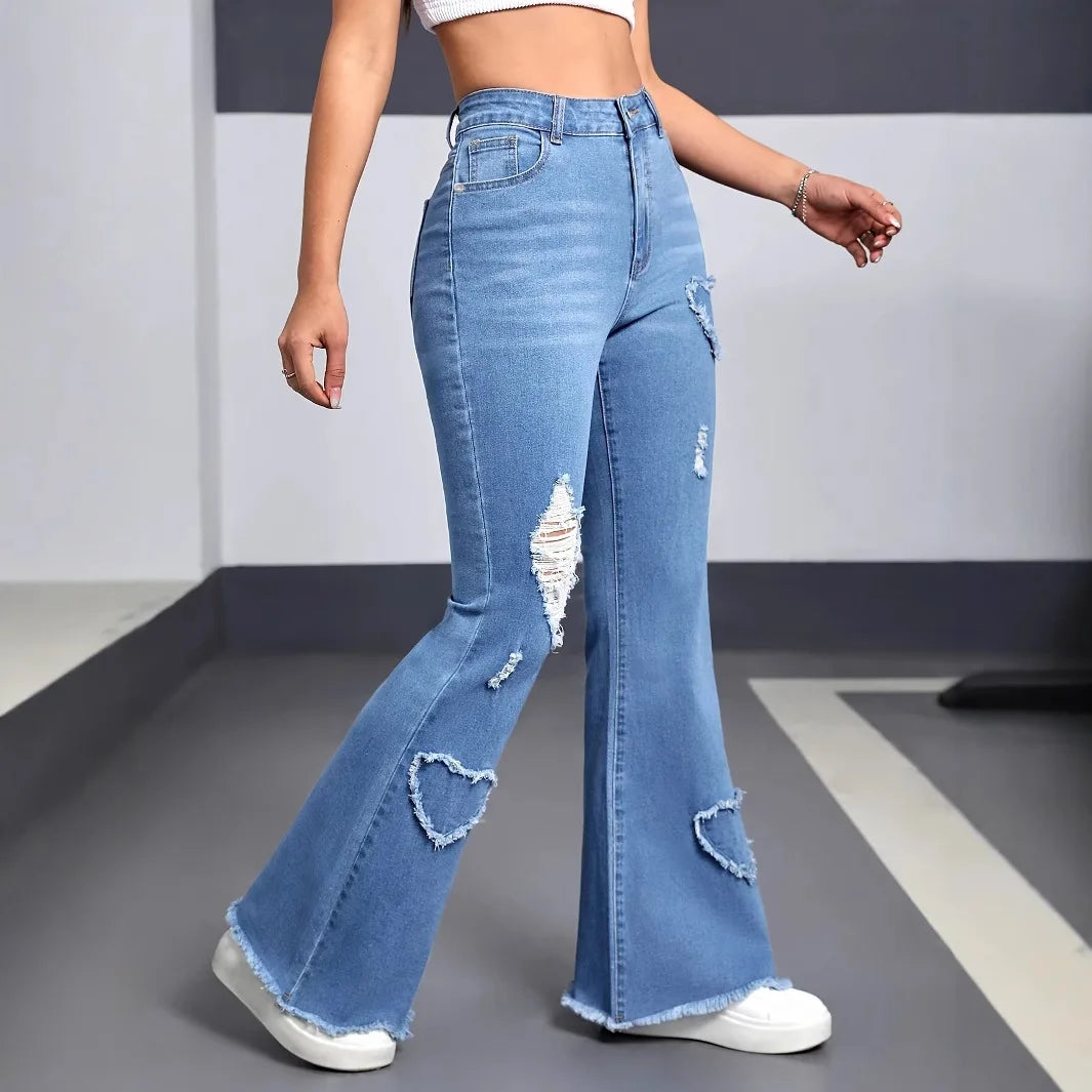 Y2K Blue Stretchy Heart Shaped Flared Jeans High Waist Retro Fashion Trendy Elastic Trousers for Women