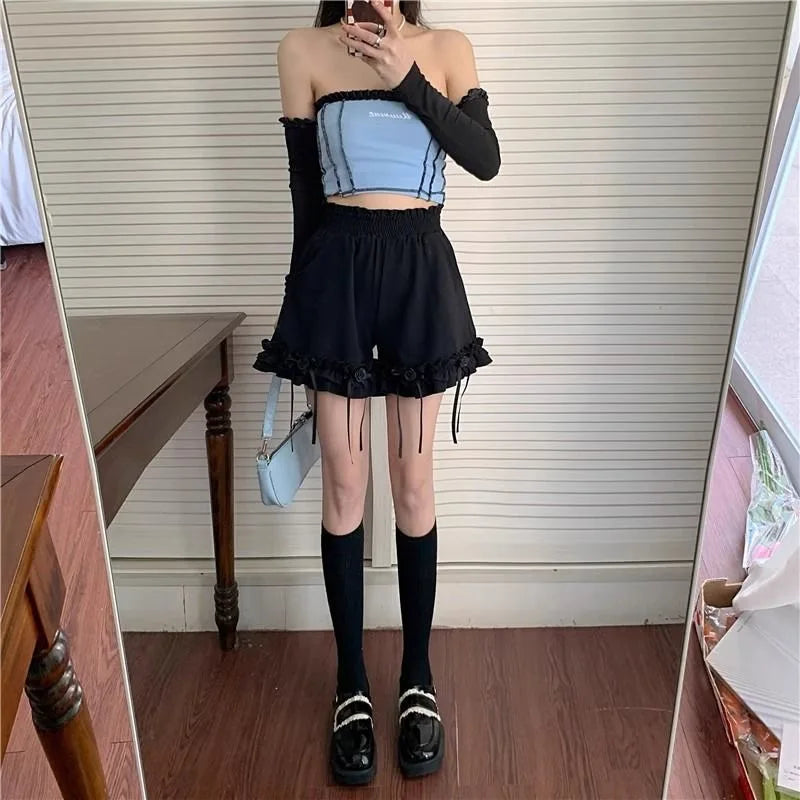 Black Ruffle Casual Baggy Female Short Pants Y2k Vintage Fashion Classic Design Outfits Summer Wide Women's Elastic Waist Shorts