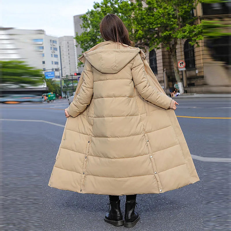 Winter Long Sleeve Hooded Down Long Coat Korean Women Pocket Solid Loose Jacket Lady Casual Thick Warm Outwear