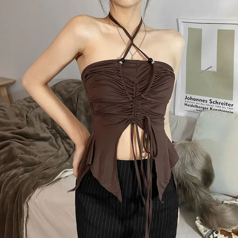 New Sexy Summer Cami Top Bowknot Lace-Up Sleeveless Cropped Vest Elegant Youth Clothes Women Fashion Off Shoulder