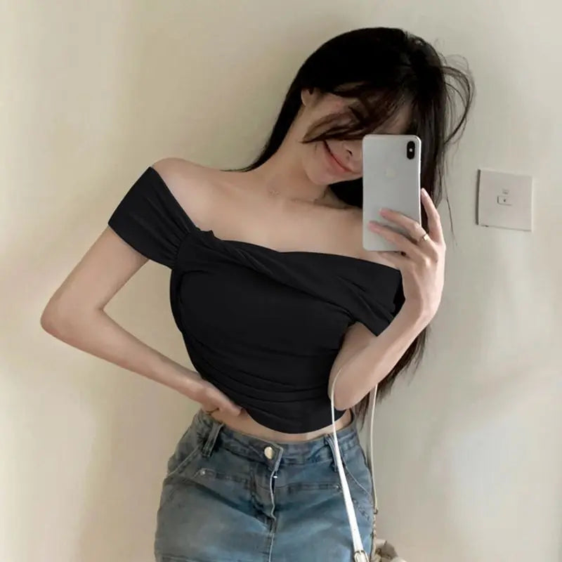 Solid Color One Shoulder Backless Shrink Tank Top T-Shirt Candy Color Tight Sexy Sleeveless Neckless Slim Casaul Top