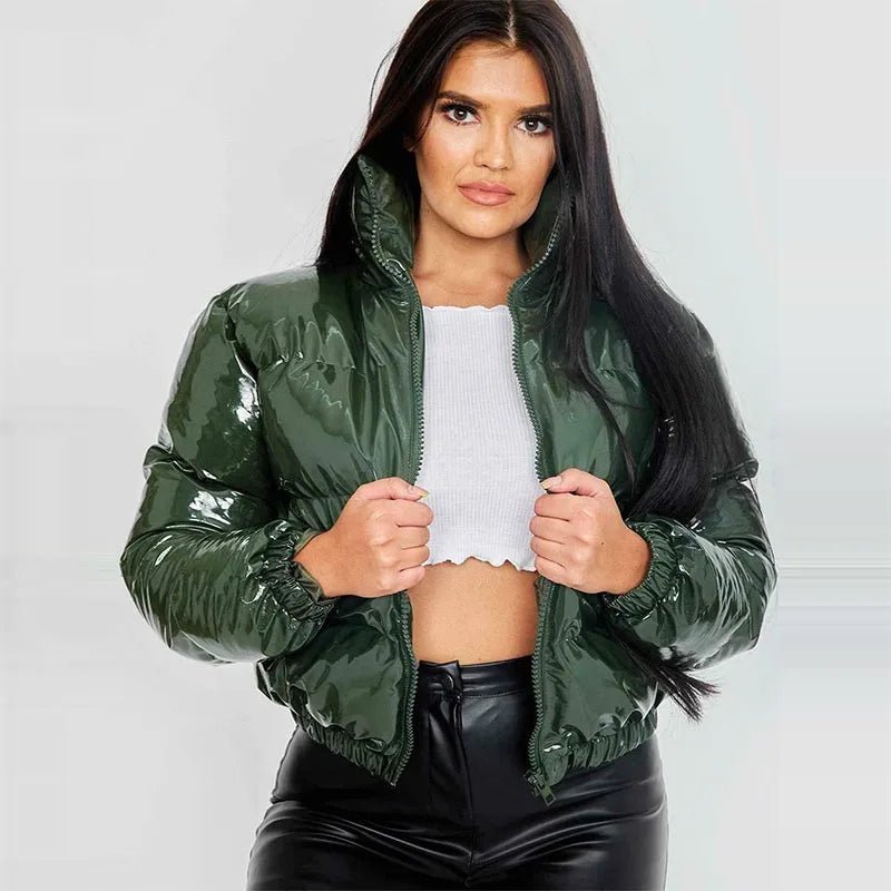 Women Cotton-padded Jacket Jacket Fashion Casual Glossy Long Sleeve Autumn And Winter Stand Collar Short Zipper Sexy Warm Street