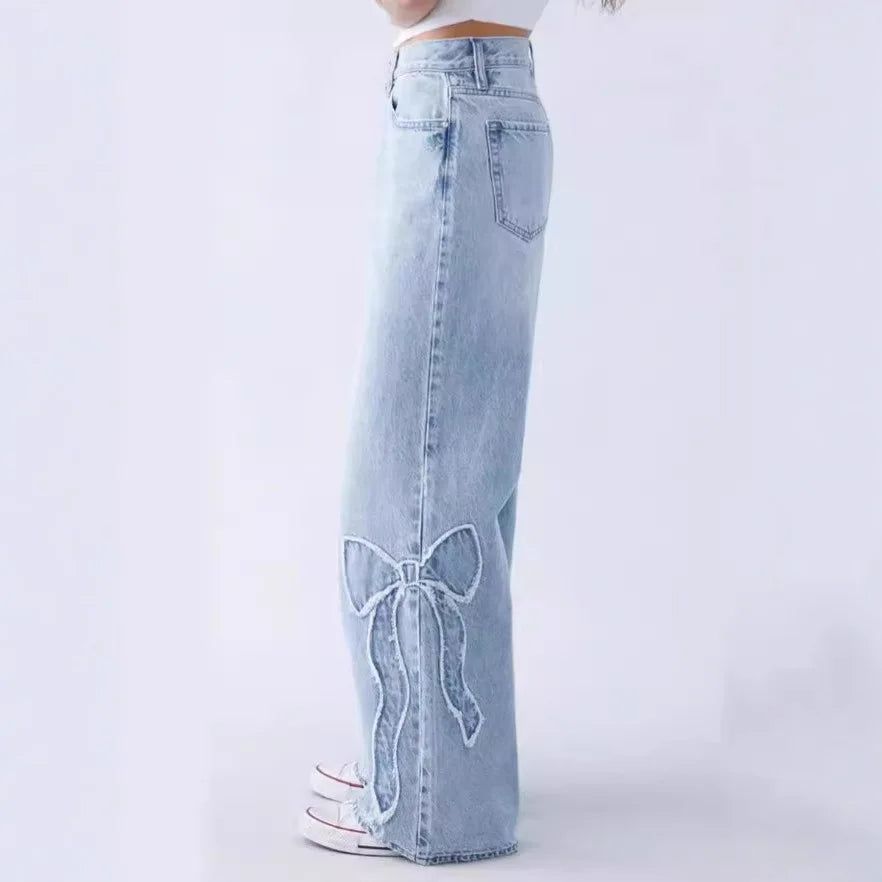 Embroidered side frayed butterfly jeans for women loose straight-leg pants for spring and autumn best-selling item