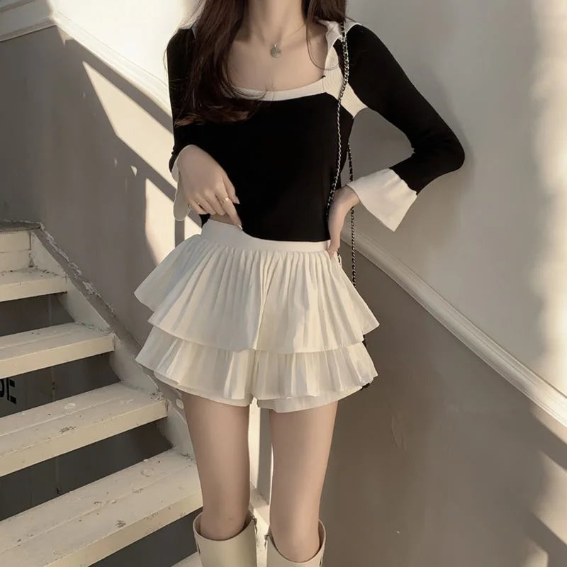 Preppy Style Elastic High waist Fluffy Skirt Double Layered Pleated Ruffled Edge Mini Cake Skirt Cute Hotsweet Y2K Skirt Pants