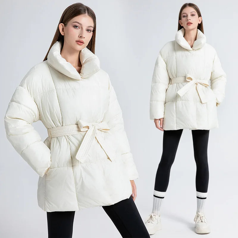 Women's Winter Parka Jacket Solid Color Stand Collar Button Pockets Padded Coat For Female Minimalist Casual Lady's Coat