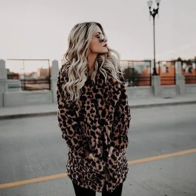 Fashion Women Faux Fur Leopard Print Coat Female Sexy All-Match Mid-Length Suit Collar Warm Outerwear