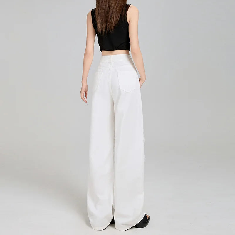 Nicemix American Trendy Lace Patchwork Straight Leg Ripped Jeans for Women Summer White Thin High Waist Loose Casual Pants