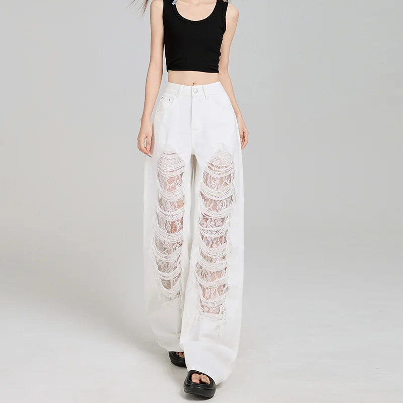 Nicemix American Trendy Lace Patchwork Straight Leg Ripped Jeans for Women Summer White Thin High Waist Loose Casual Pants