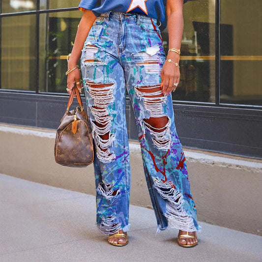 Spring New Floral Graffiti Print  High Waist Loose Straight Jeans Hip Hop Style Long Pants