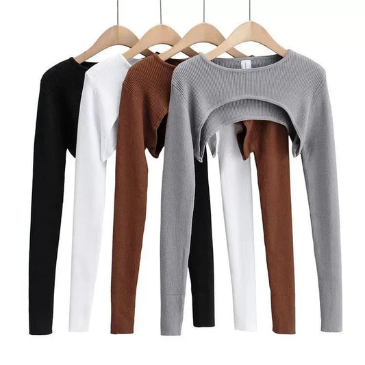 Y2k Aesthetic Clothes O-neck Black White Sexy Harajuku Knitted Tshirt T-shirts Women Long Sleeve Crop Top Spring Autumn