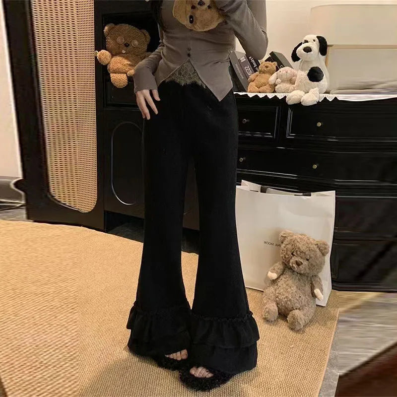 Casual Ruffles Flare Pants Women Korean Loose High Waist Sweet Trousers Vintage Simple Design Lady Elegant Wide Leg Pants
