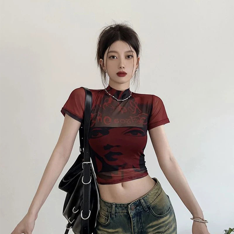 Summer Slim Fit Tees Tops Streetwear Gothic Punk E-girl Harajuku Graphic Print T-shirt emo Women Vintage Crop Top Y2K