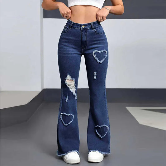 Y2K Blue Stretchy Heart Shaped Flared Jeans High Waist Retro Fashion Trendy Elastic Trousers for Women