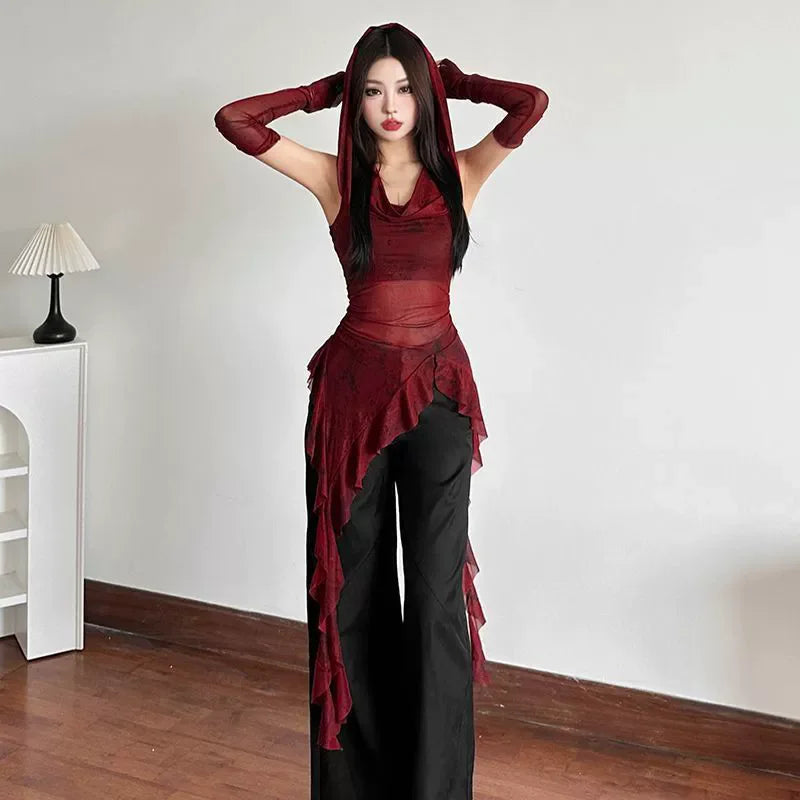 Ruffle Long Sleeve Sexy T-Shirts Fashion Women Y2K Irregular Asymmetrical Korean Crop Tops Casual Sheer Mesh Autumn Chic Tees
