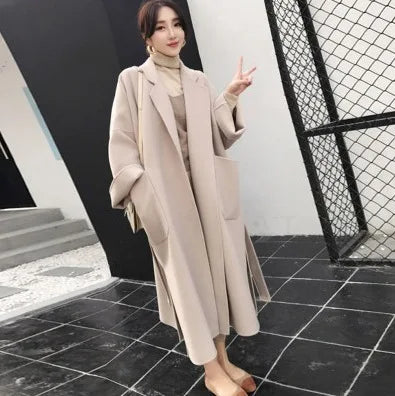 Women's Fashion Autumn/Winter New Slim Fit Waistband Flip Collar Woolen Coat