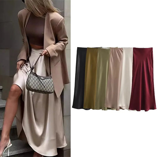 BEAUTY CLOSET COLLECTION  -  Elegant Ladies Satin Office Skirt High Waist Long Skirts