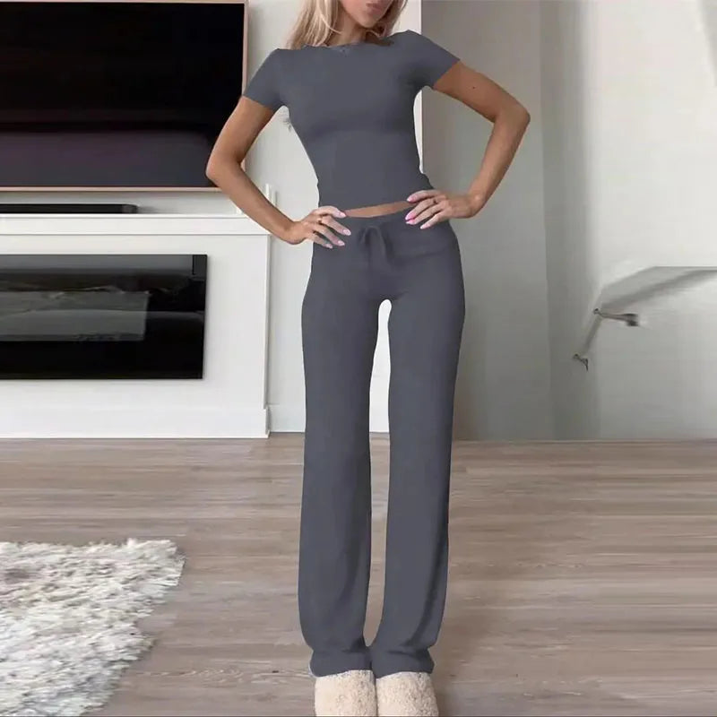 Summer Comfortable Casual Women's Home Sports Set New Fashionable Solid Color Slim Body Clothes + Trousers Two-piece Set