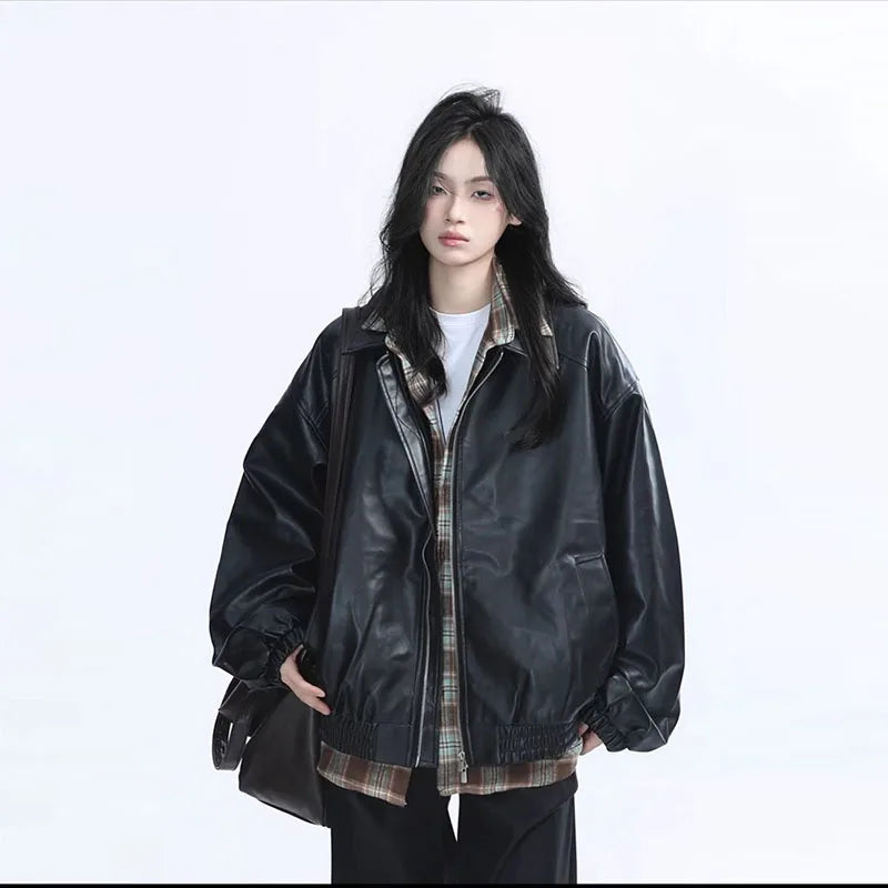Retro Ladies Fashion Zipper Faux Leather Jacket Spring Autumn Women Long Sleeves Leather Coat Female PU Leather Outwear