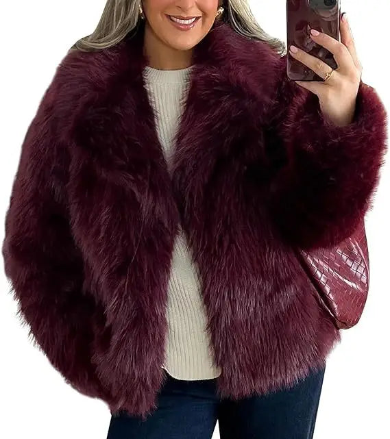 solid color loose fur short coat autumn and winter new item lapel long sleeved warm coat for women