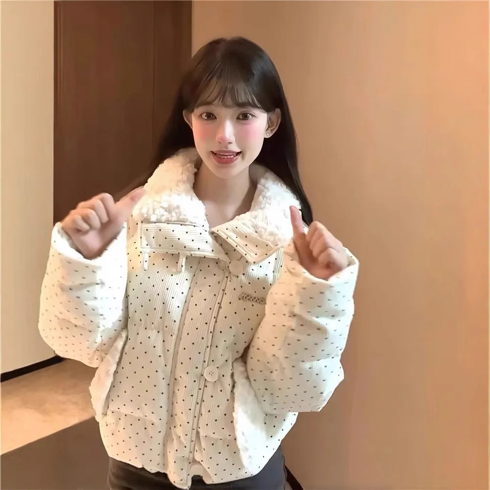 Sweet Polka Dot Parkas Women Winter Loose Casual Thicken Button Patchwork Puffy Coats Korean Fashion Fur Collar Female Outwear