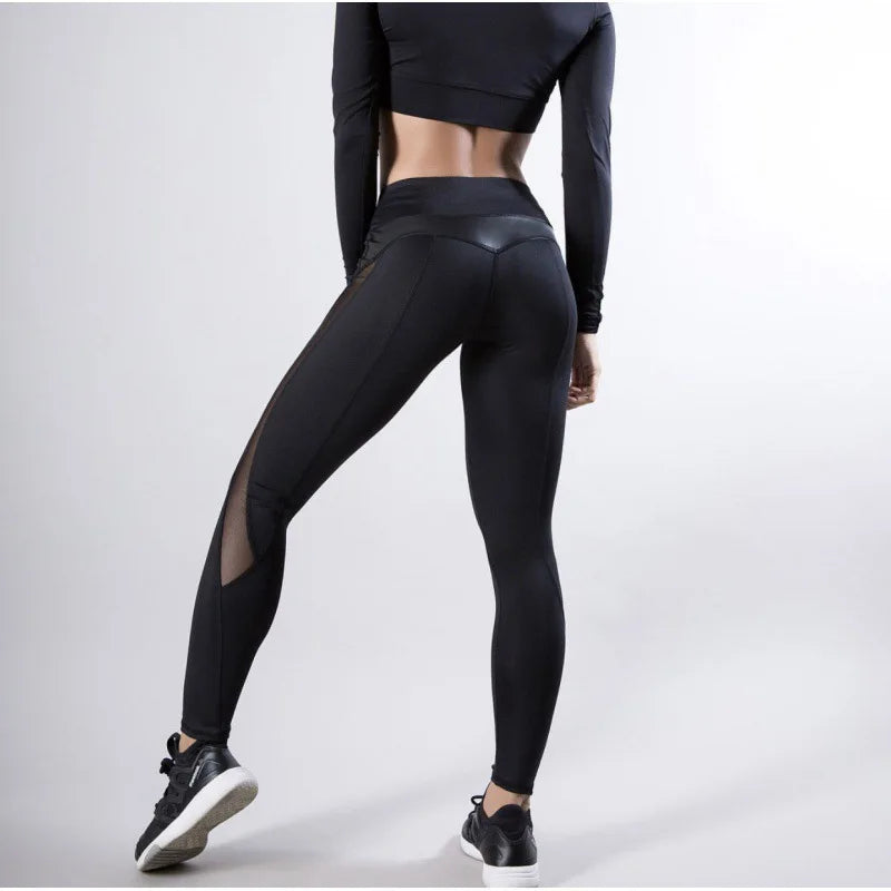 Women Skinny Leggings Black Yoga Sport Pants Pu Leather Patchwork Lady Jogging Pants Push Up Workout Sport Yoga Leggings Female