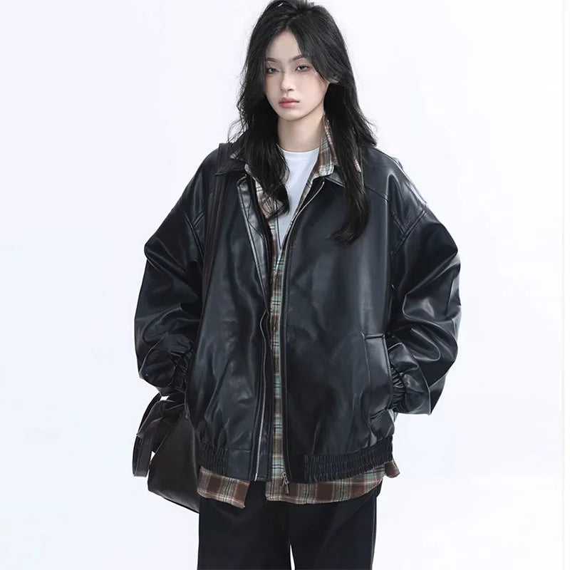 Retro Ladies Fashion Zipper Faux Leather Jacket Spring Autumn Women Long Sleeves Leather Coat Female PU Leather Outwear