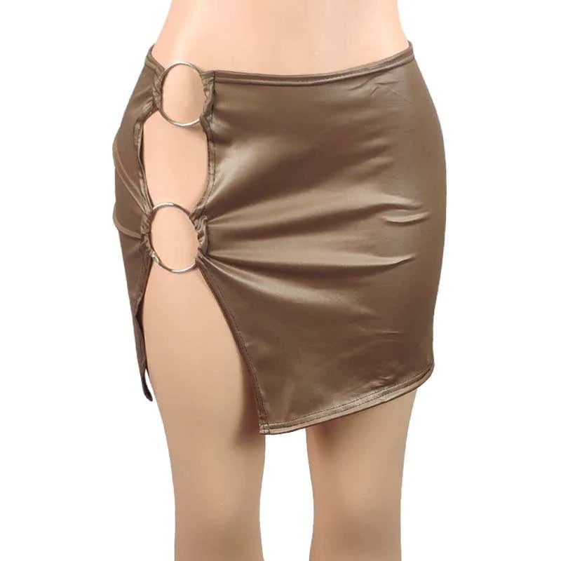 PU Imitation Leather Metal Ring Side Split Mini Skirt Women High-waist Fittness Slim Skirts Vintage Bodycon Skirt Club Party
