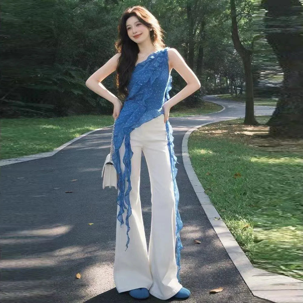 Blue Irregular Shoulder Strapless Top Women's Summer Korean Style Hot Girl Slim Fit Beautiful Top Commute Style Outerwear