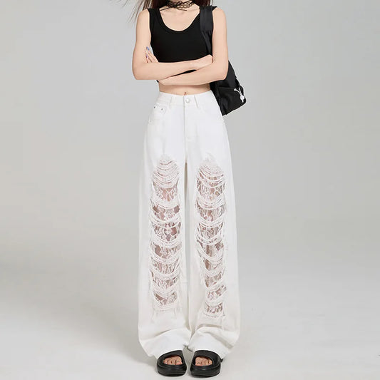 Nicemix American Trendy Lace Patchwork Straight Leg Ripped Jeans for Women Summer White Thin High Waist Loose Casual Pants