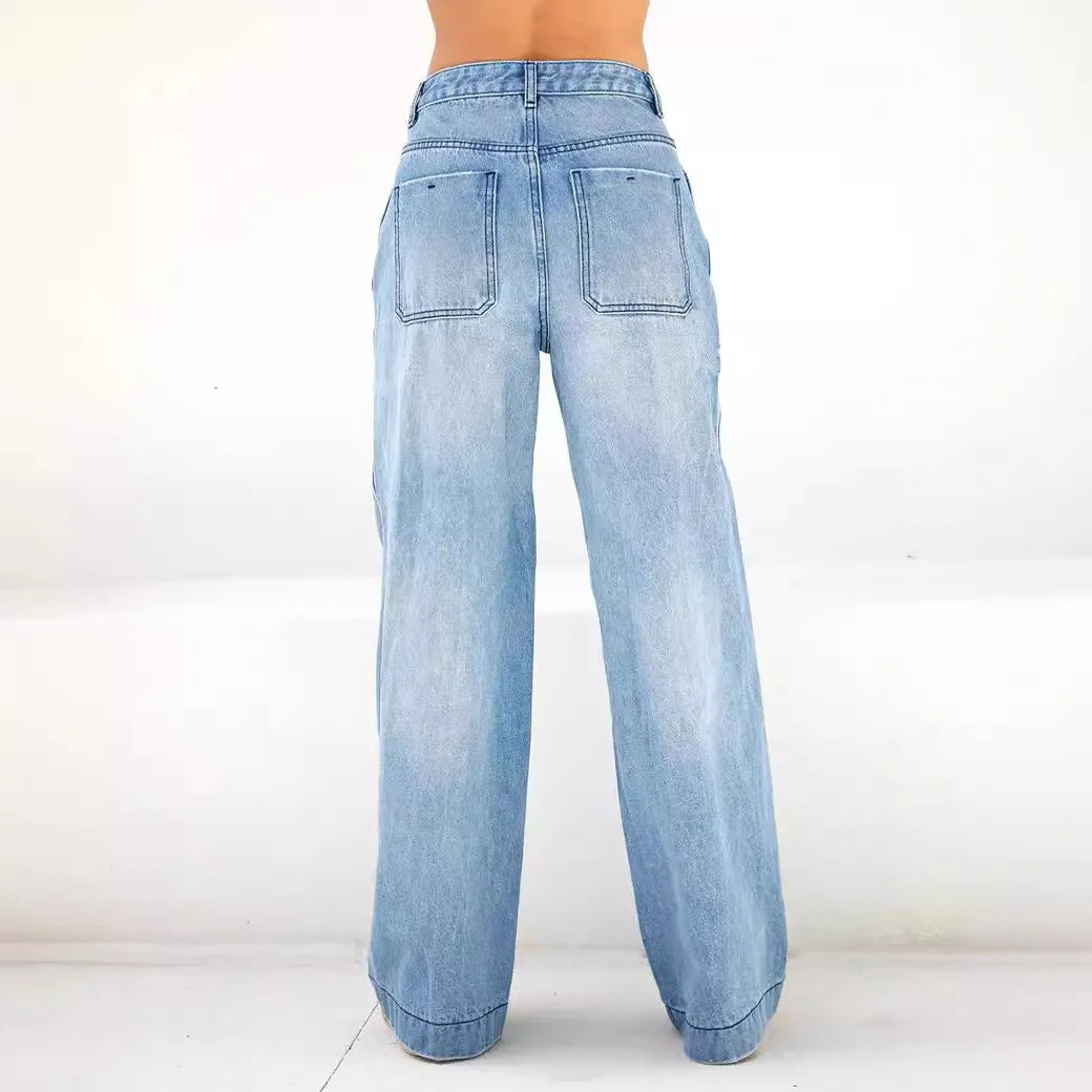 Women Baggy Jeans Streetwear High Waist Wide Leg Denim Pants Retro Elastic Waist Blue Loose Female Trousers