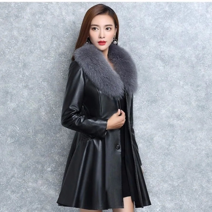 New Women's PU Leather Jacket For Autumn Winter Slim Big Fur Collar Long Leather Coat Female Outerwear