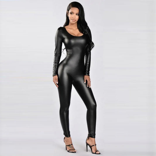 Women Jumpsuit Patent Leather Sexy Black Long Sleeve Jumpsuit Female Uniform Bodysuit