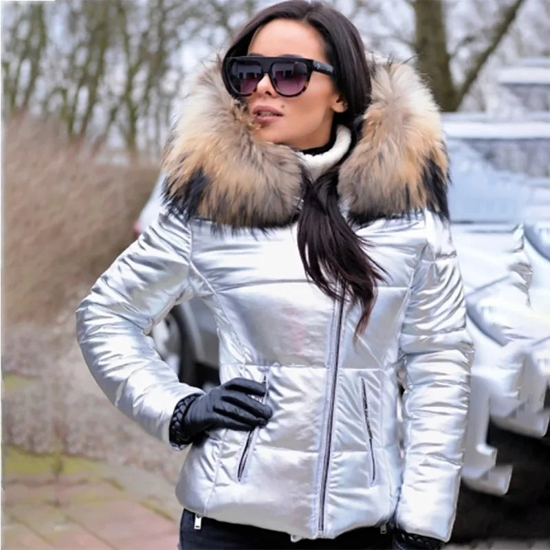 New Hood Solid Color Fur Hooded Jacket Autumn Winter New Women's Cotton-Padded Down Short Parka Coat Jacket Fashion Casual