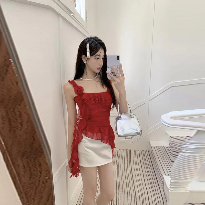 Fashion suspenders Sleeveless Tank Top Sexy Ruffles Backless Irregular  Tops Summer Casual Streetwear Women Camis