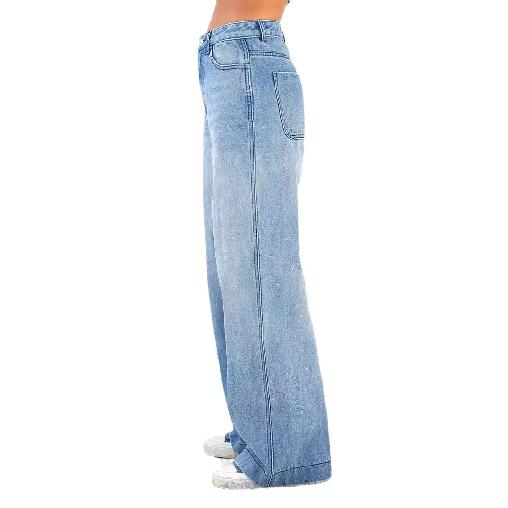 Women Baggy Jeans Streetwear High Waist Wide Leg Denim Pants Retro Elastic Waist Blue Loose Female Trousers