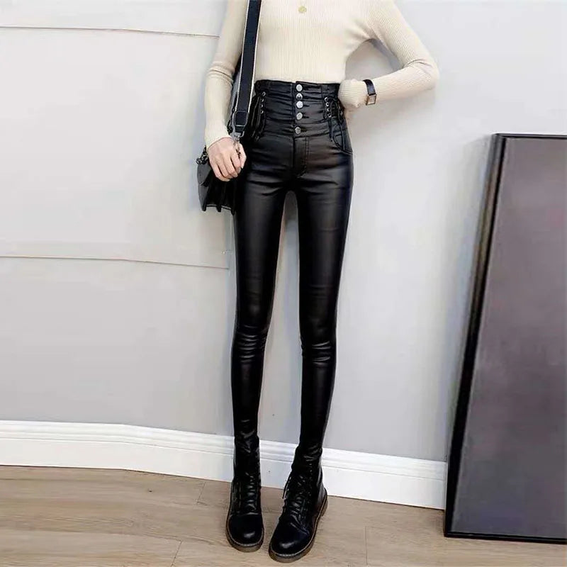 Sexy y2k streetwear black leather pants women goth clothes high waist fashion casual pants vintage lace up PU trousers hot