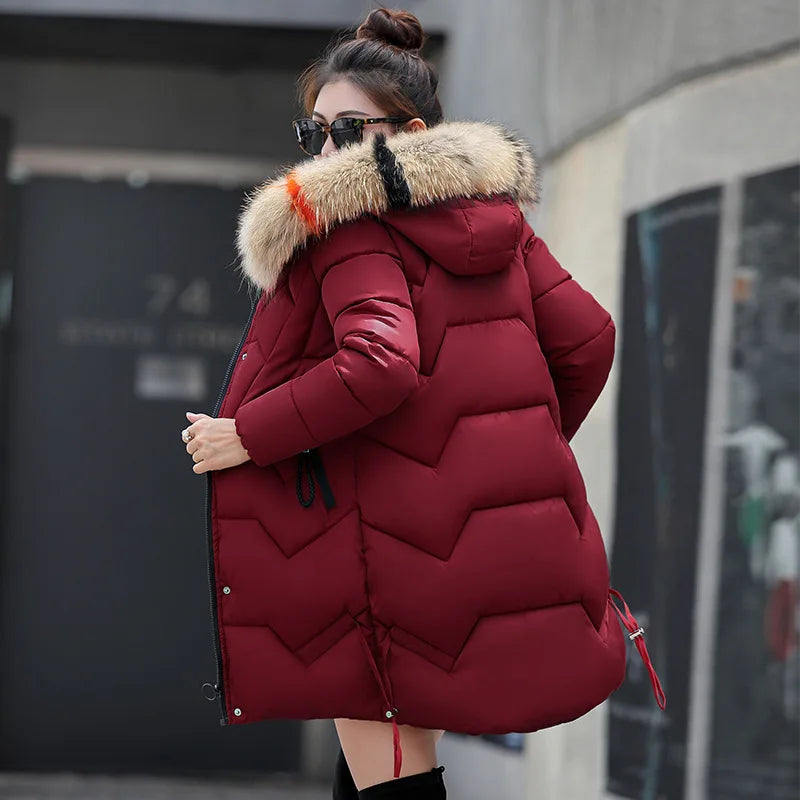 New Winter Jacket Womens Parkas Fur Collar Hooded Coats Casual Long Jacket Female Slim Cotton Padded Warm Outerwear