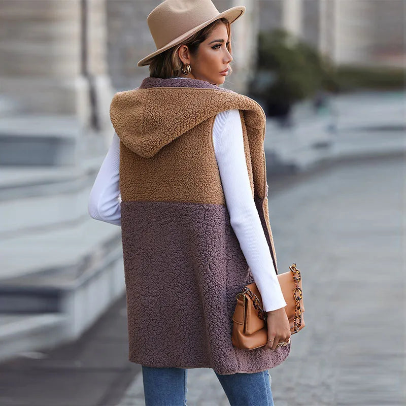 Autumn Winter Sleeveless Vest Coat Woman Khaki Hooded Plush Warm Waistcoat Lady Solid Casual Warm Vest Jacket