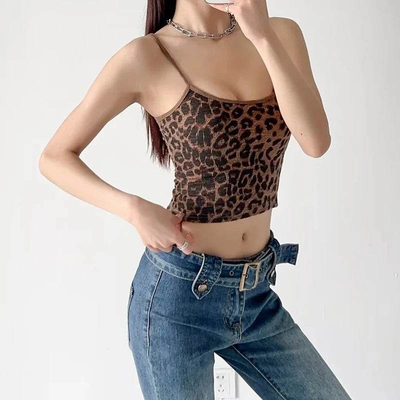 Women's Camisole Leopard Print Crop Tops Vintage Y2k Summer Fashion Streetwear Tank Top Female Sexy Sleeveless Off Shoulder Vest