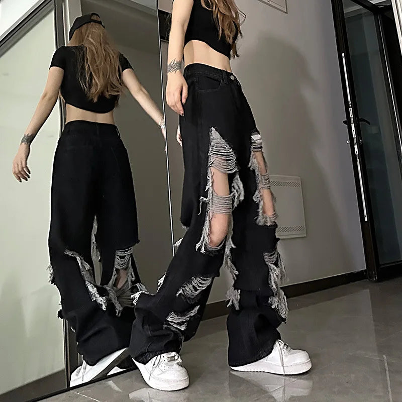 Women Vintage Gothic Black Ripped Jeans High Waist American Retro Streetwear Y2k Pants Harajuku Casual Wide Leg Denim Trousers