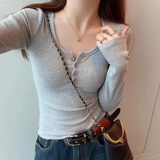 Autumn Winter Button V Neck T-shirt Women Basic Slim Pullover Women T-shirt Pullovers Knit  Soft Warm Tops ﻿
