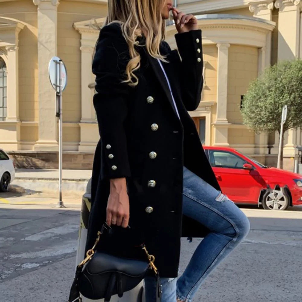 Winter Women Solid Overcoat Button Lapel Woolen Office Coat Thicken Warm Slim Long Jacket Thin Elegant Outwear Women'S Jacket
